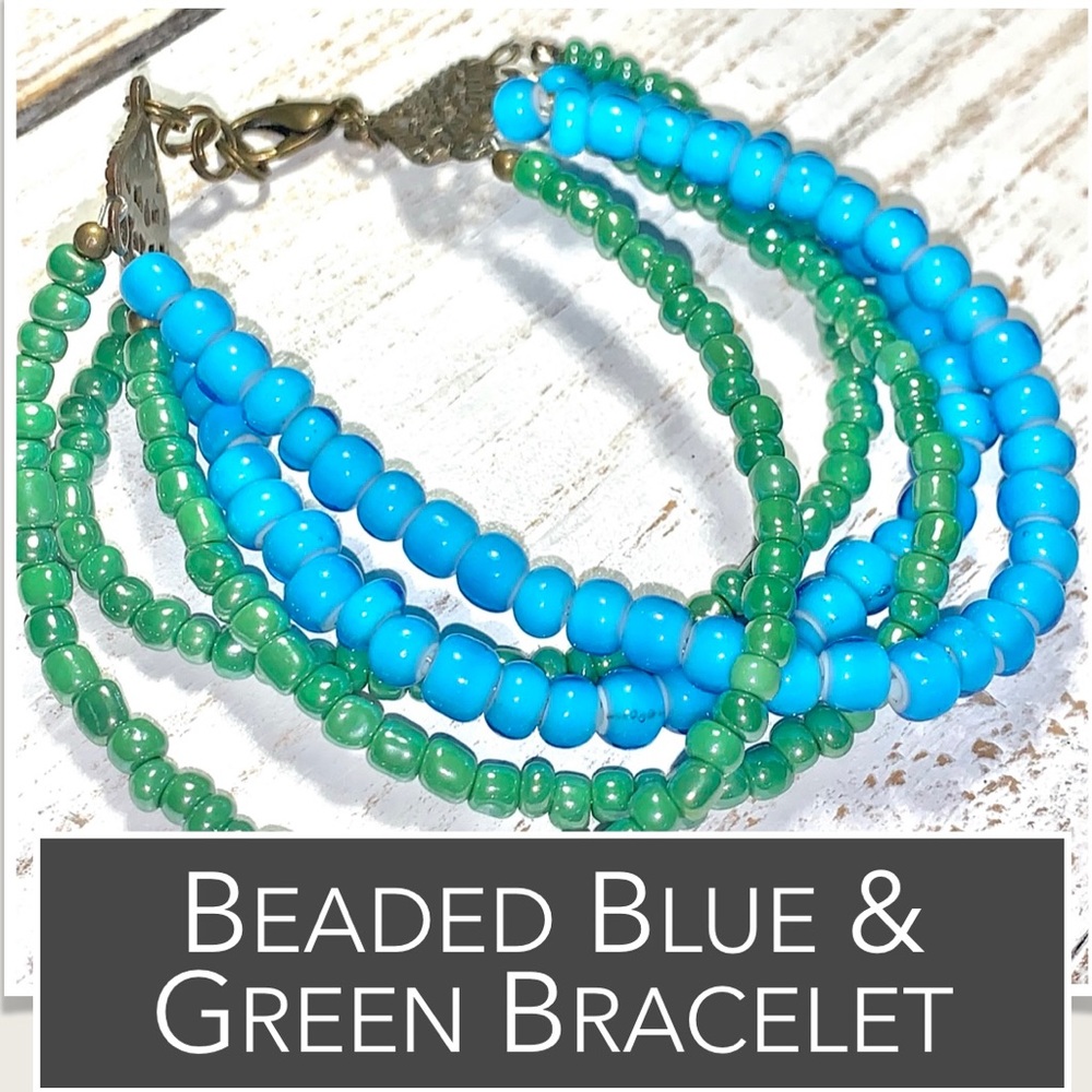 Beaded Bracelet 5-Strands‎ Green & Blue Beads Detailed Design End Pieces & Clasp